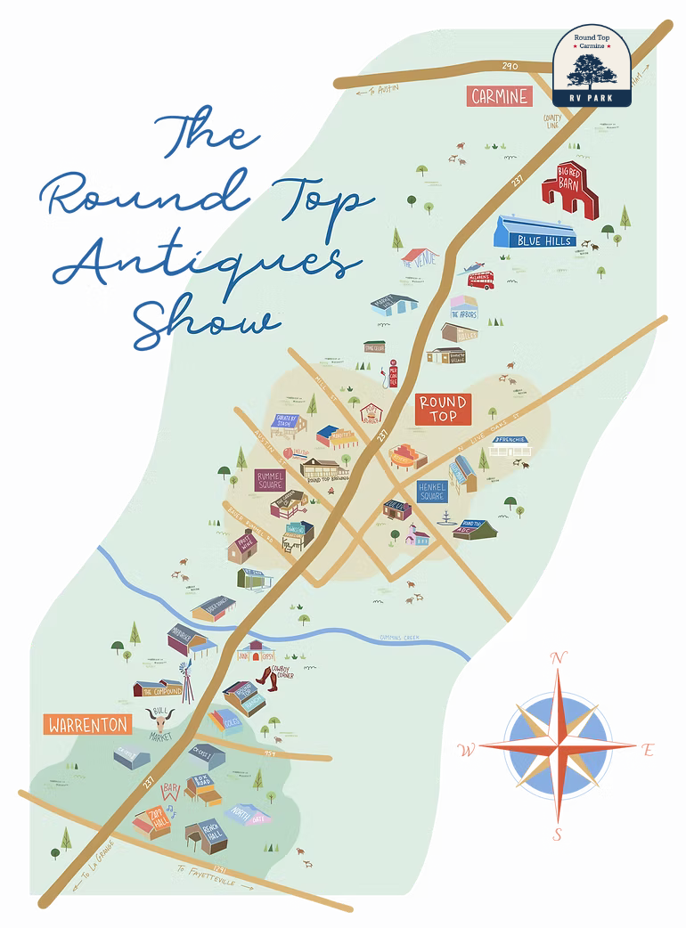 Illustrated map of the Round Top antiques area showing the RV park's location near Carmine